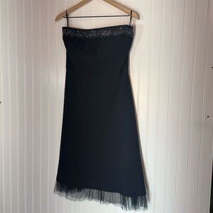 Y2K Taboo Black Strapless Dress Rhinestone Trim Mesh Hem Formal Gown Sz L VTG
